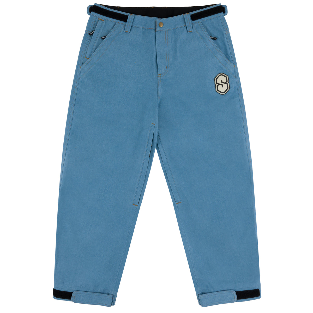 3 Ply Denim Pant faded indigo snow denim street mountain 5 pocket jeans 15k 3ply denim shell contrast stitching details fully tapesd seams pfc free dwr ykk metal zippers inside leg vent snow snowboarding water proof technical outerwear vintage souvenir boarder style baggy
