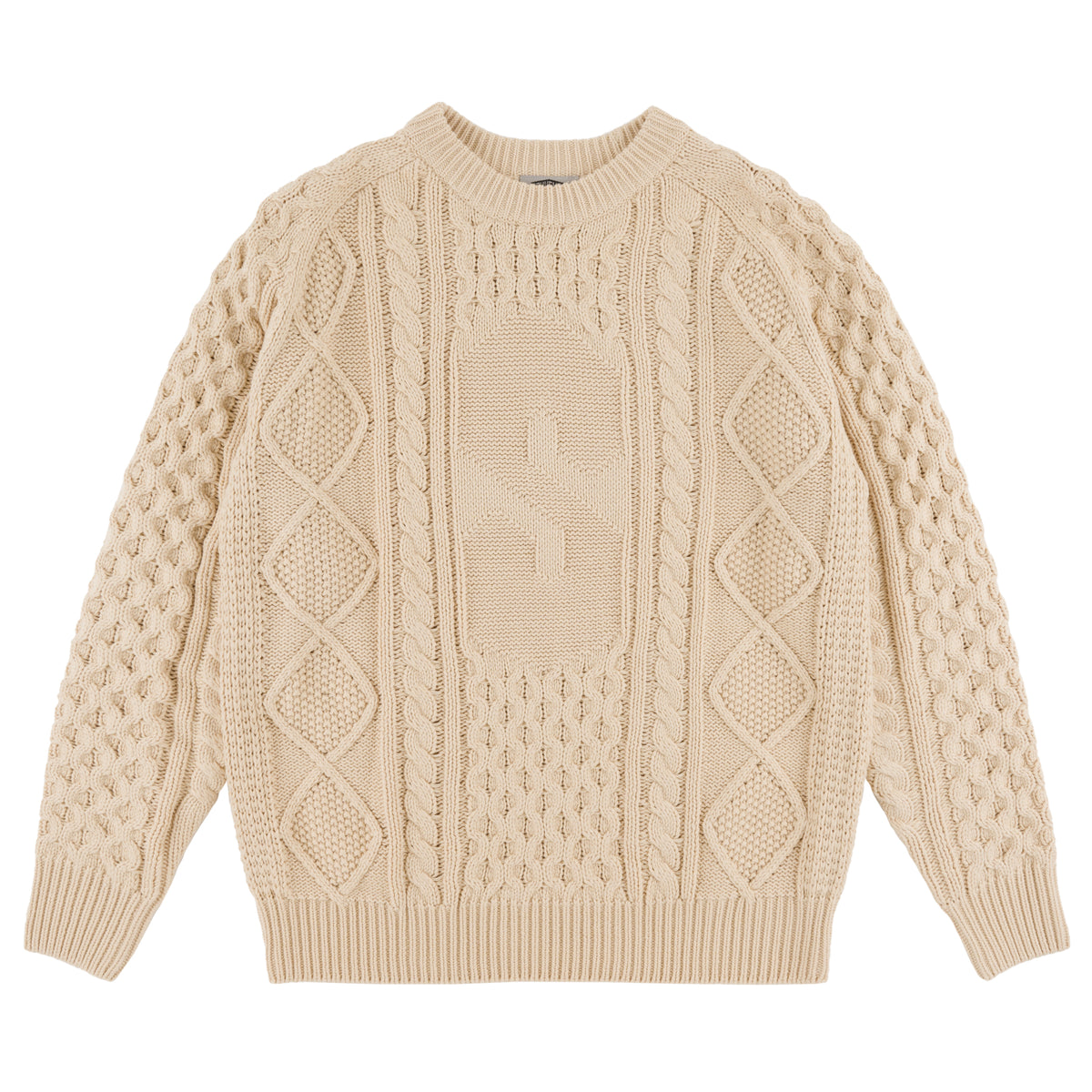 Engineered Cable Knit Sweater souvenir custom enginered cable knit pattern light gauge loose knit s logo design vintage fit stretchy cut and sew