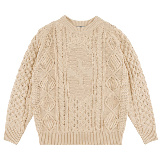 Engineered Cable Knit Sweater souvenir custom enginered cable knit pattern light gauge loose knit s logo design vintage fit stretchy cut and sew