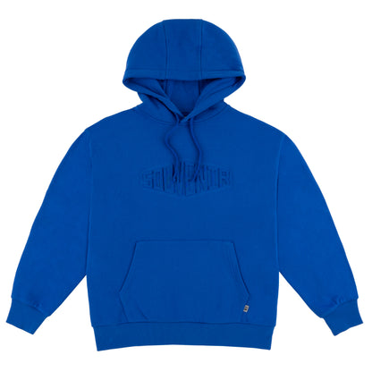 Embossed Hoody souvenir cobalt blue embossed logo premium 360 gsm reverse weave fleece cotton boxy fit great fit quality 