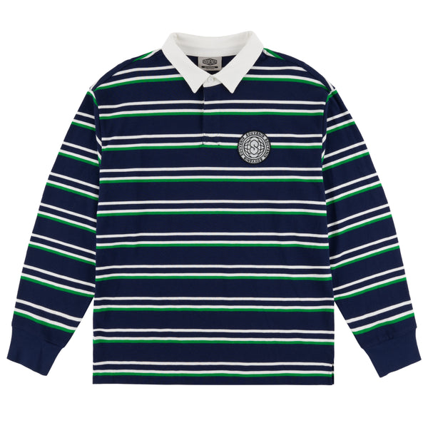 Striped Rugby Shirt  navy custom yarn dyed cotton twill rib cuffs woven collar polo souvenir world logo embroidered patch 