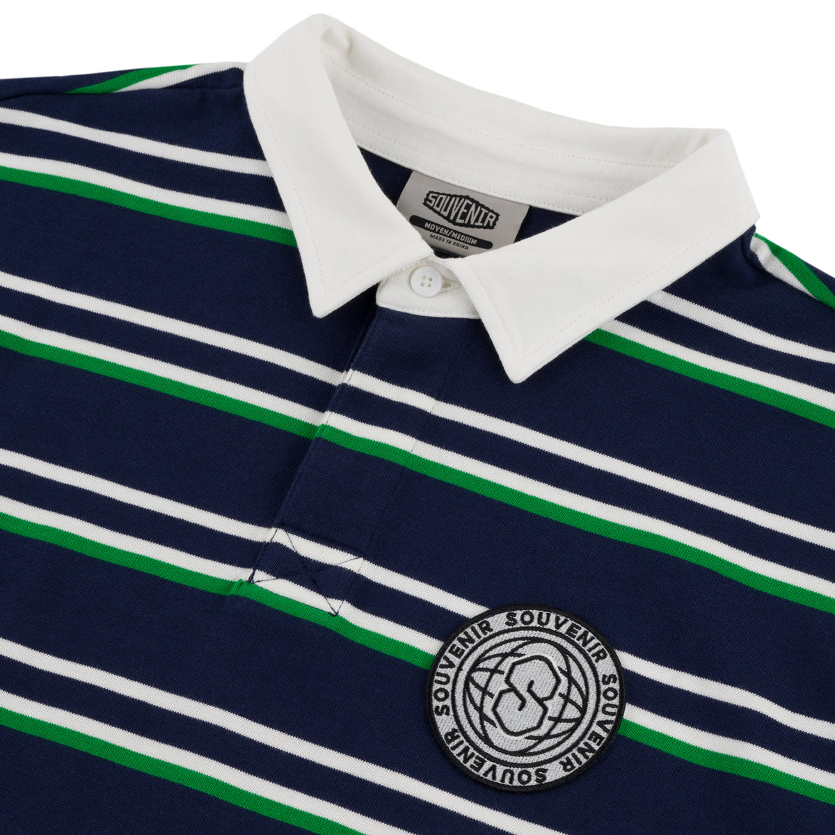Striped Rugby Shirt  navy custom yarn dyed cotton twill rib cuffs woven collar polo souvenir world logo embroidered patch 